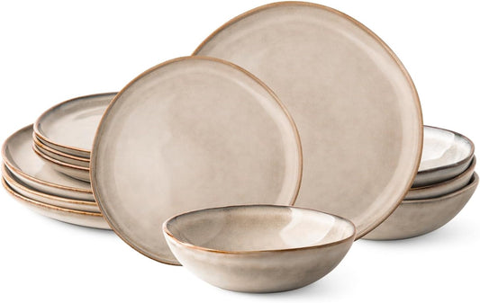 Ceramic Dinnerware Sets,Handmade Reactive Glaze Plates and Bowls Sets,Highly Chip and Crack Resistant | Dishwasher & Microwave Safe Dishes Set,Service for 4 (12Pc)