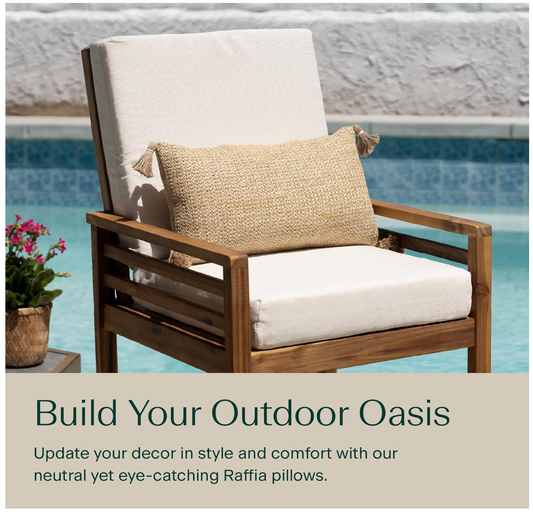 Outdoor Lumbar Toss Pillow Set, 12" H x 19" L, Raffia Natural with Tassels - Set of 2