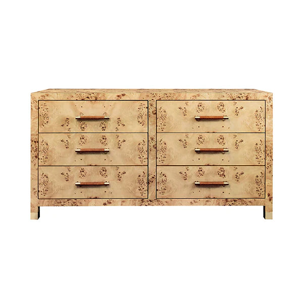 Six Drawer Chest With Rattan Wrapped Handles In Burl Wood
