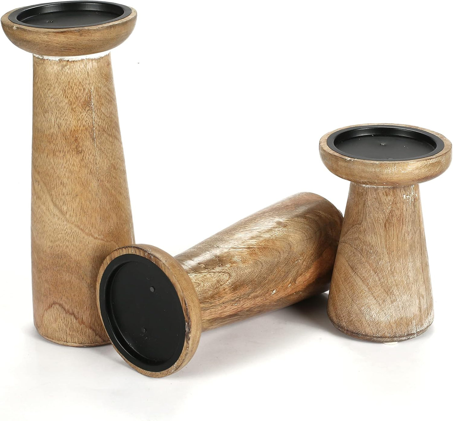 Hand Crafted Wooden Pillar Candle Holder Set of 3
