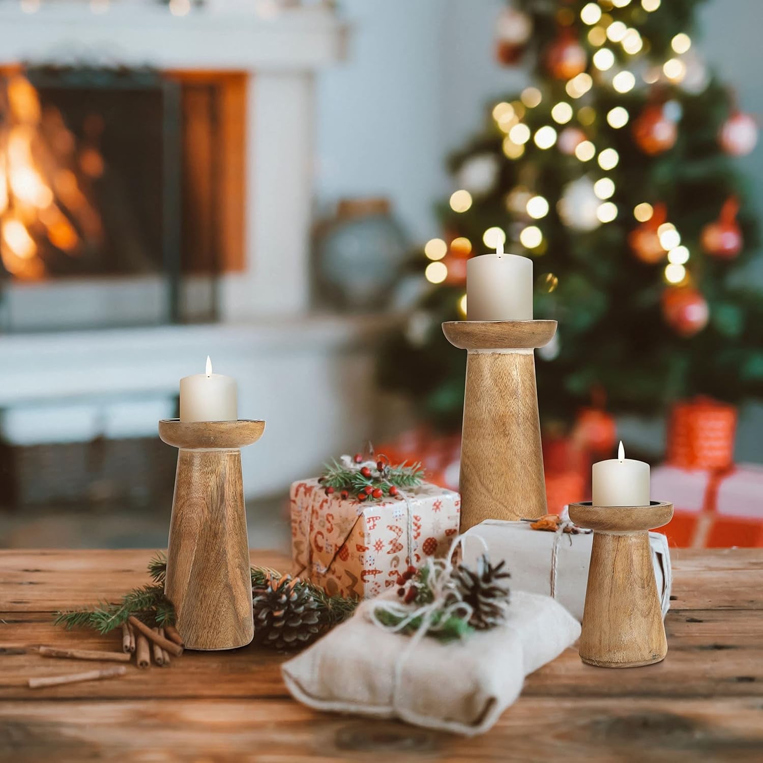Hand Crafted Wooden Pillar Candle Holder Set of 3