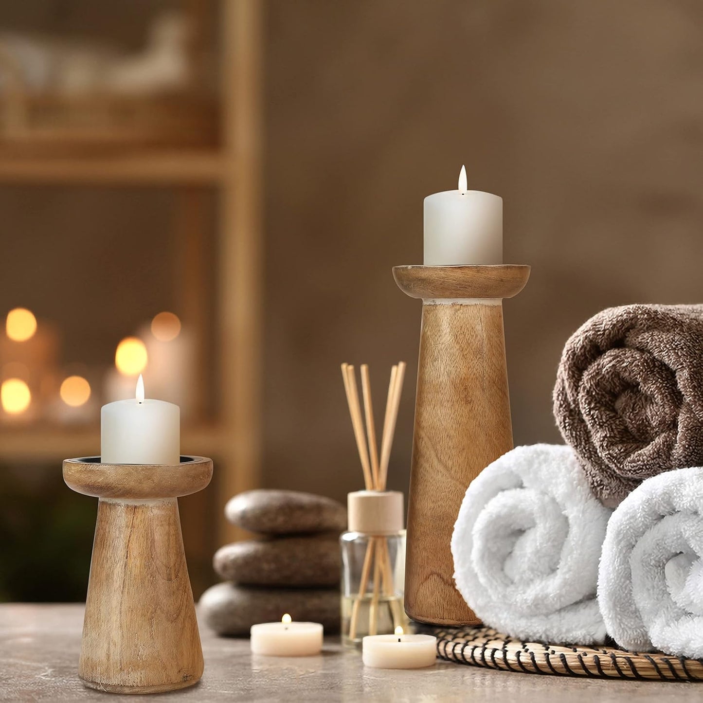 Hand Crafted Wooden Pillar Candle Holder Set of 3