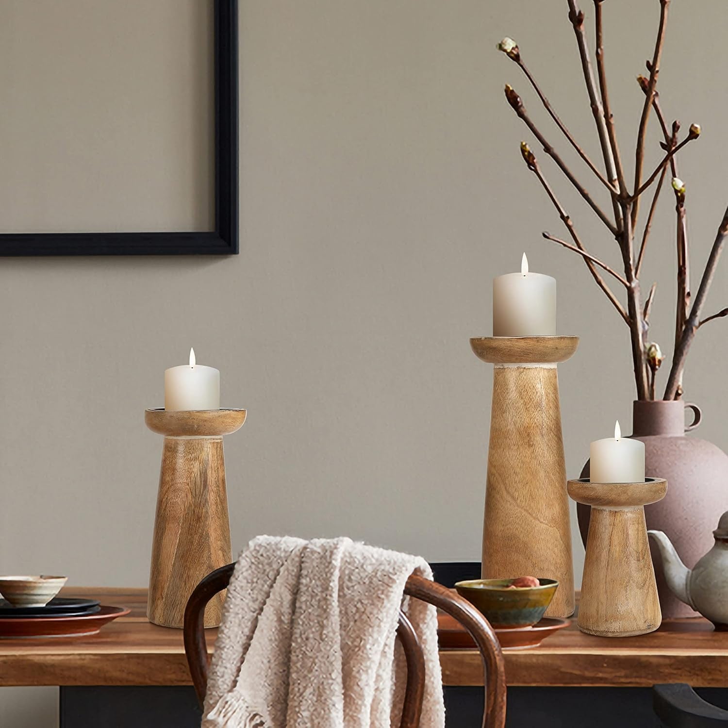 Hand Crafted Wooden Pillar Candle Holder Set of 3