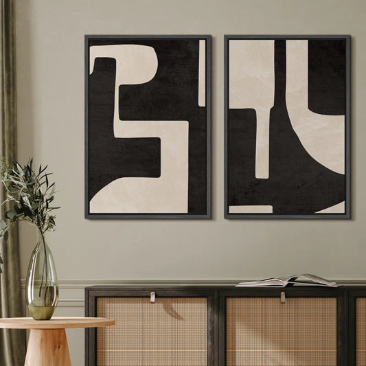 Black & Cream Geometric Abstract Framed Canvas - Set of 2